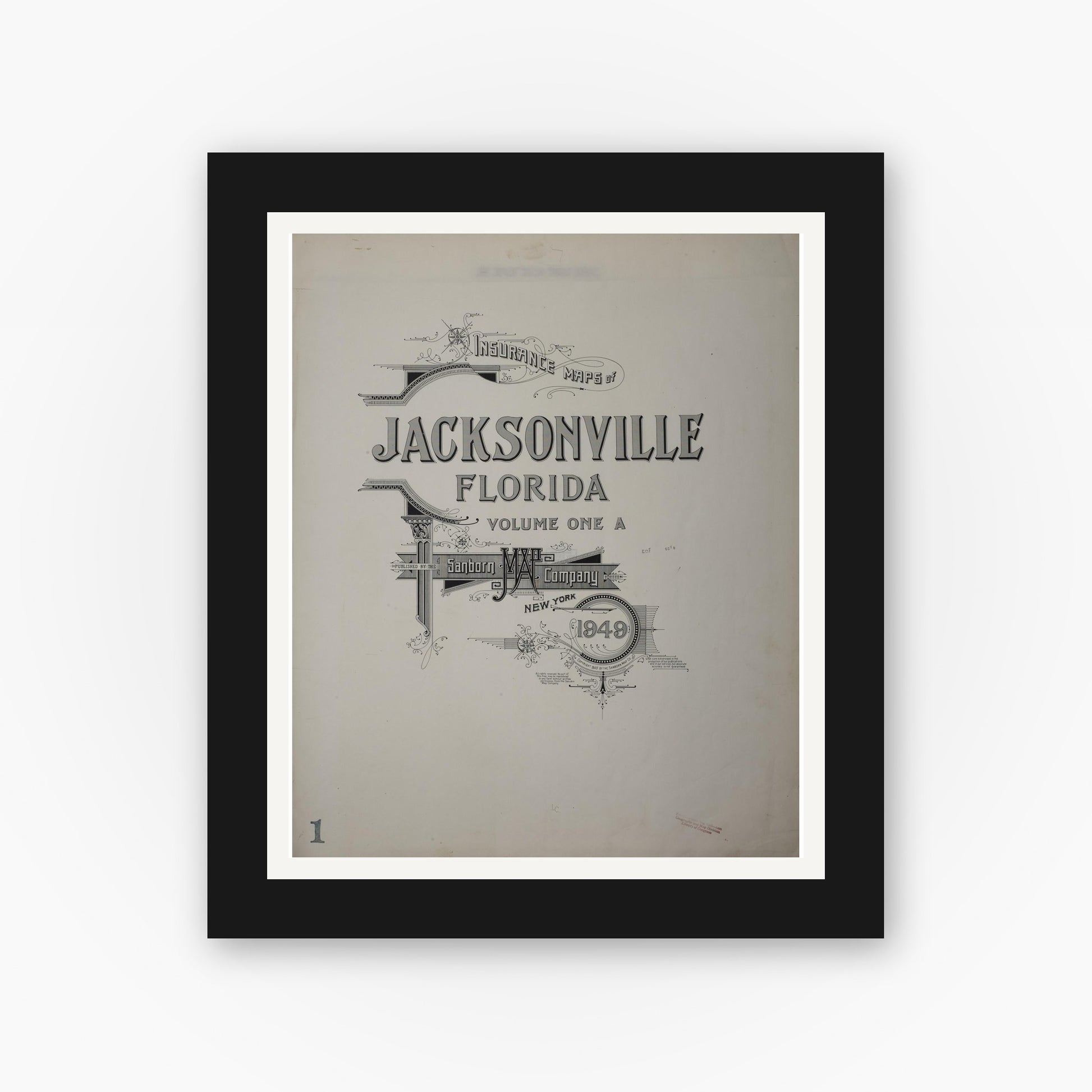 Old map wall art mockup — black gallery frame with white mat — Sanborn Fire Insurance Map from Jacksonville, Duval County, Florida (1949), Sheet #0001