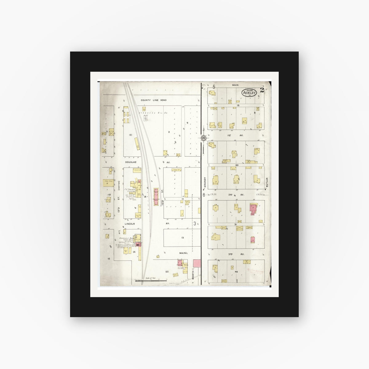 Old map wall art mockup — black gallery frame with white mat — Sanborn Fire Insurance Map from Ackley, Hardin and Franklin Counties, Iowa (1916), Sheet #0002
