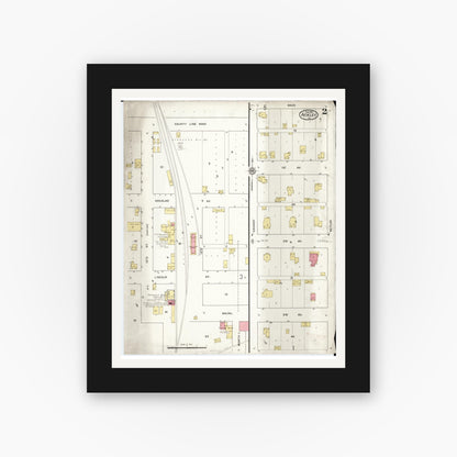 Old map wall art mockup — black gallery frame with white mat — Sanborn Fire Insurance Map from Ackley, Hardin and Franklin Counties, Iowa (1916), Sheet #0002