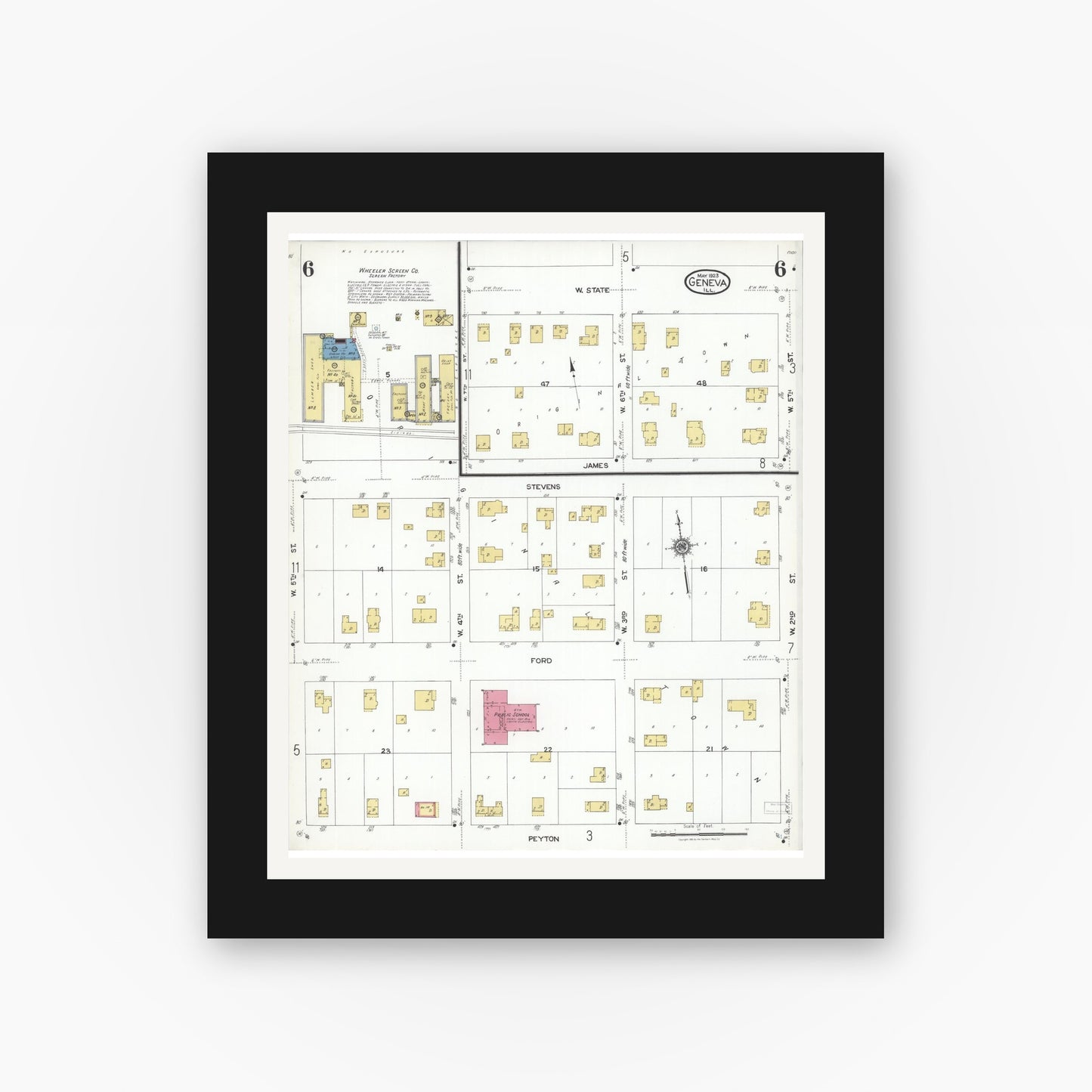 Old map wall art mockup — black gallery frame with white mat — Sanborn Fire Insurance Map from Geneva, Kane County, Illinois (1923), Sheet #0006