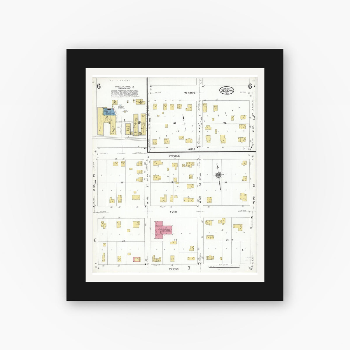 Old map wall art mockup — black gallery frame with white mat — Sanborn Fire Insurance Map from Geneva, Kane County, Illinois (1923), Sheet #0006