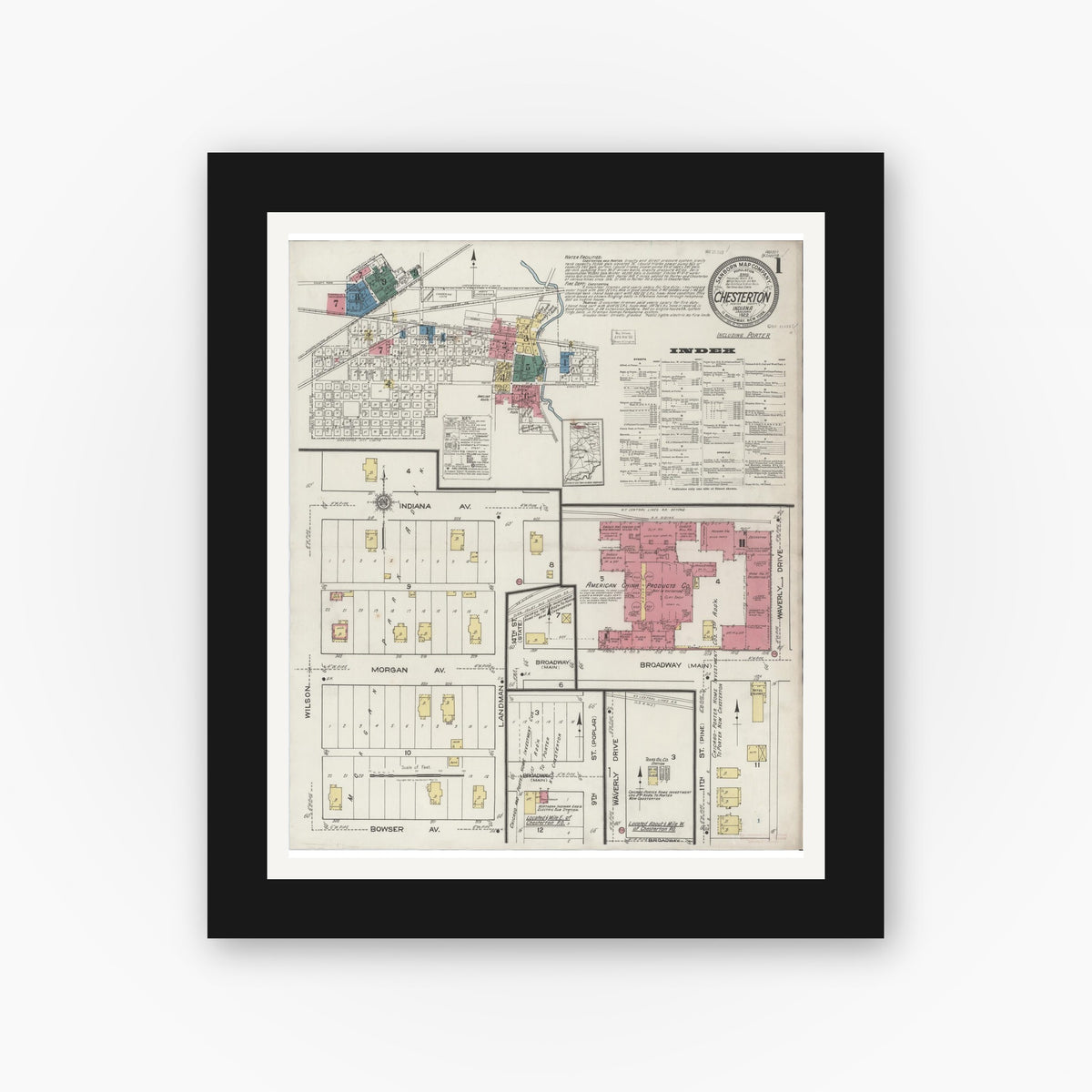 Old map wall art mockup — black gallery frame with white mat — Sanborn Fire Insurance Map from Chesterton, Porter County, Indiana (1922) - Complete Map Set