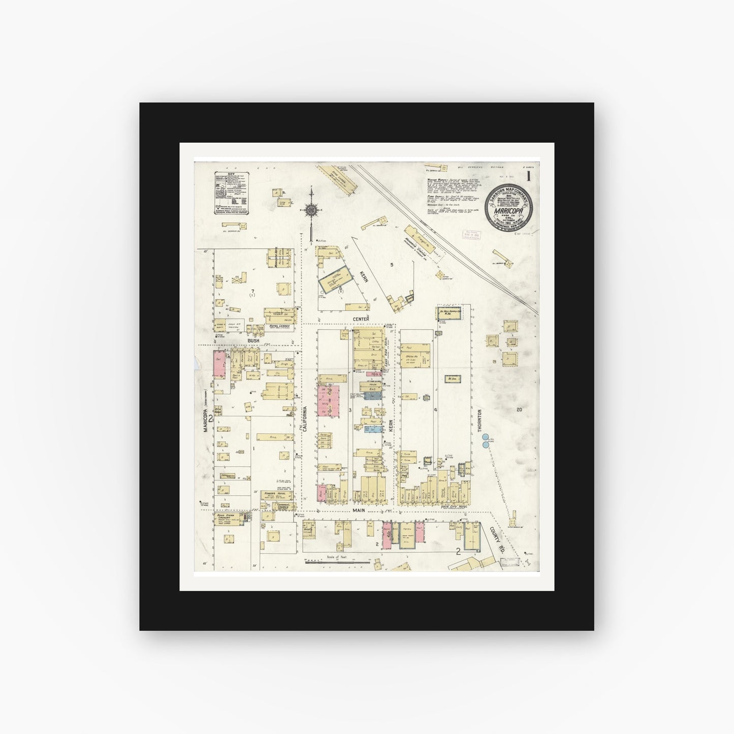 Old map wall art mockup — black gallery frame with white mat — Sanborn Fire Insurance Map from Maricopa, Kern County, California (1911) - Complete Map Set