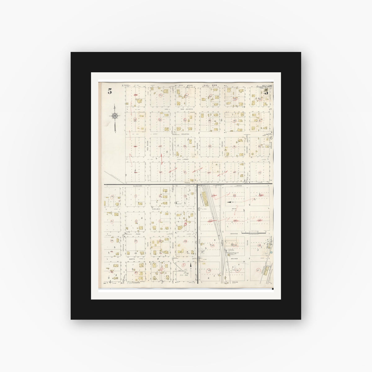Old map wall art mockup — black gallery frame with white mat — Sanborn Fire Insurance Map from Henrietta, Clay County, Texas (1944), Sheet #0005