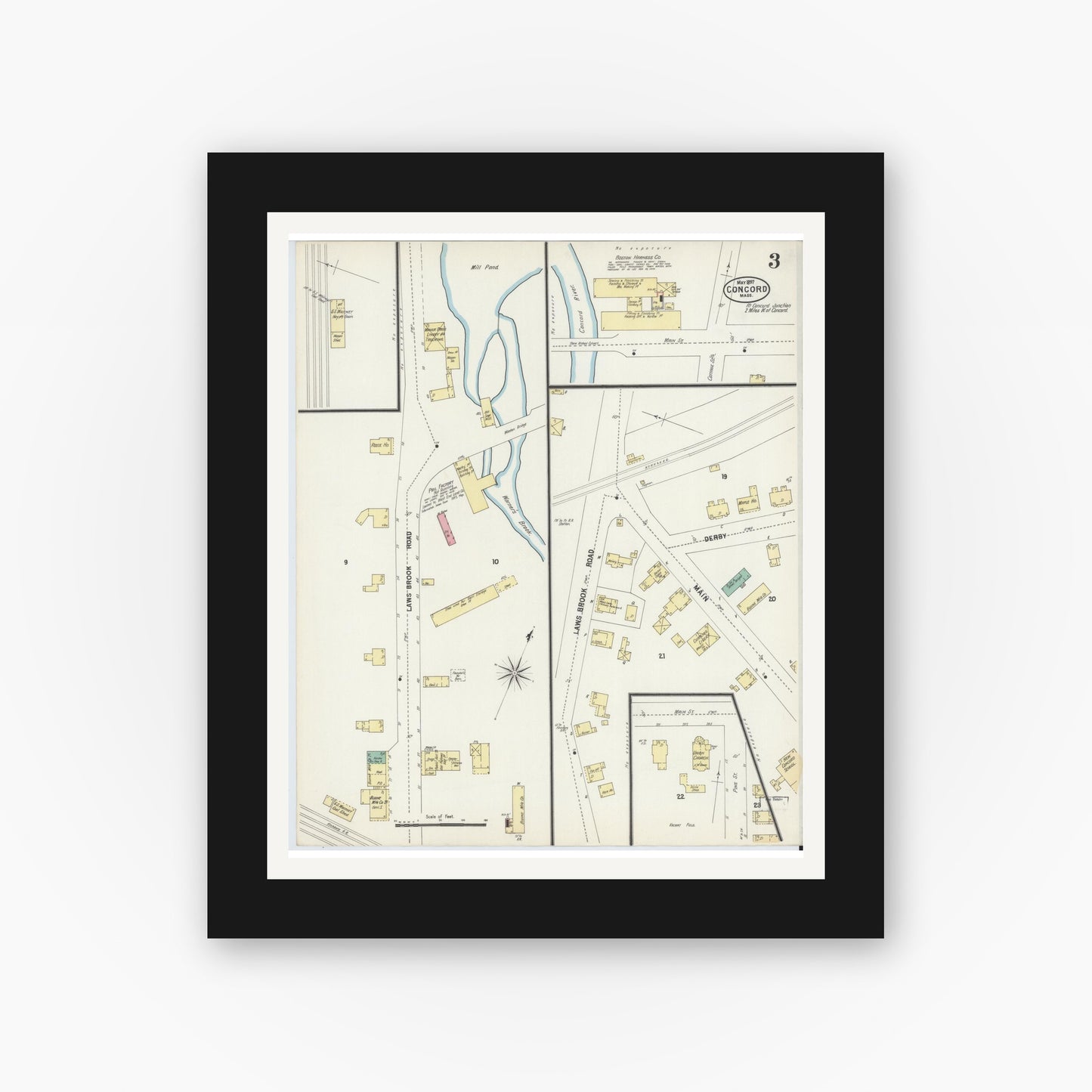 Old map wall art mockup — black gallery frame with white mat — Sanborn Fire Insurance Map from Concord, Middlesex County, Massachusetts (1897), Sheet #0003
