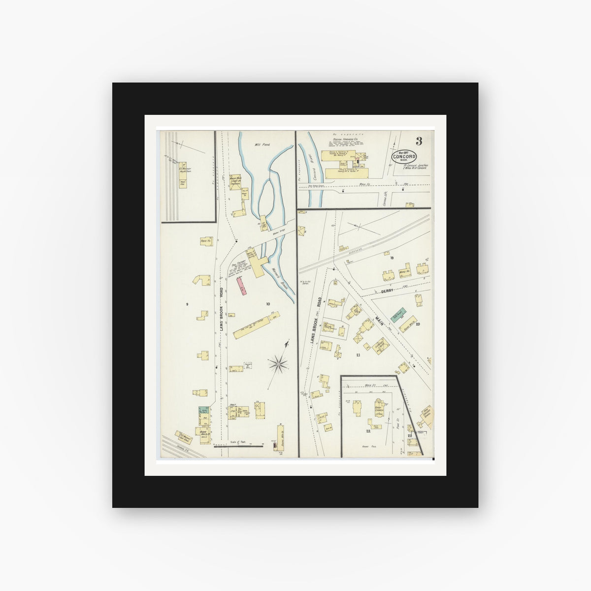Old map wall art mockup — black gallery frame with white mat — Sanborn Fire Insurance Map from Concord, Middlesex County, Massachusetts (1897), Sheet #0003