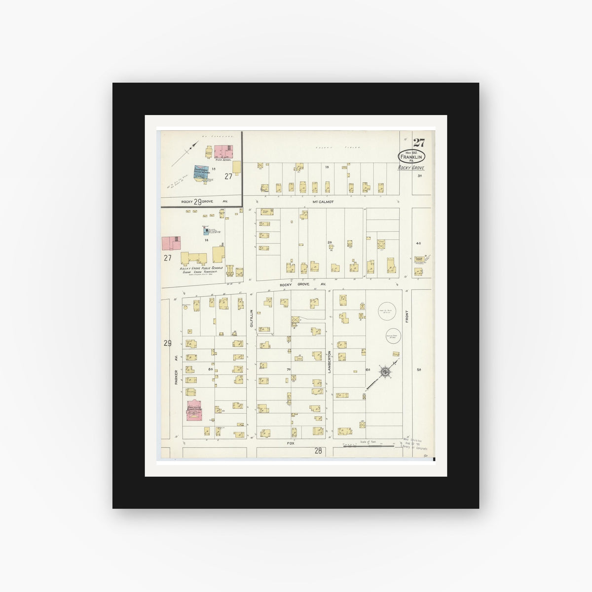 Old map wall art mockup — black gallery frame with white mat — Sanborn Fire Insurance Map from Franklin, Venango County, Pennsylvania (1912), Sheet #0027
