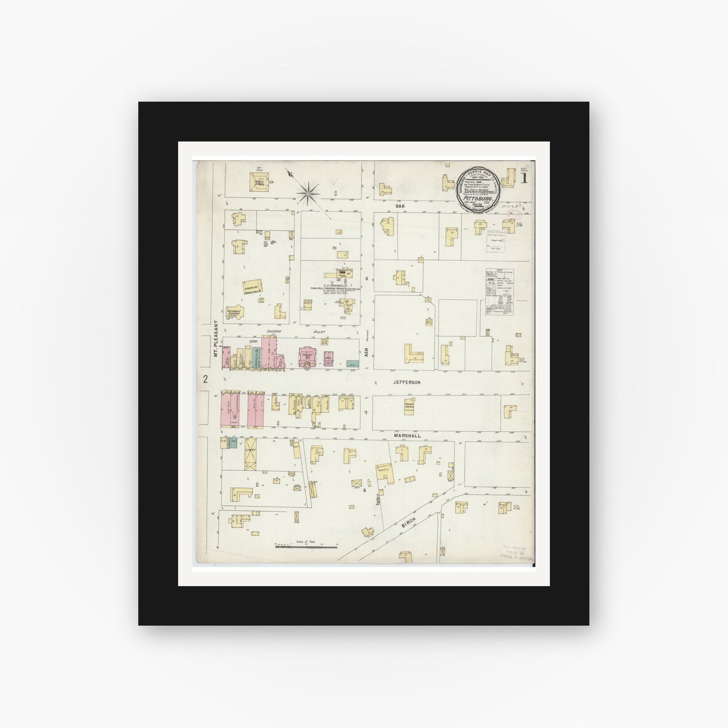 Old map wall art mockup — black gallery frame with white mat — Sanborn Fire Insurance Map from Pittsburg, Camp County, Texas (1896) - Complete Map Set
