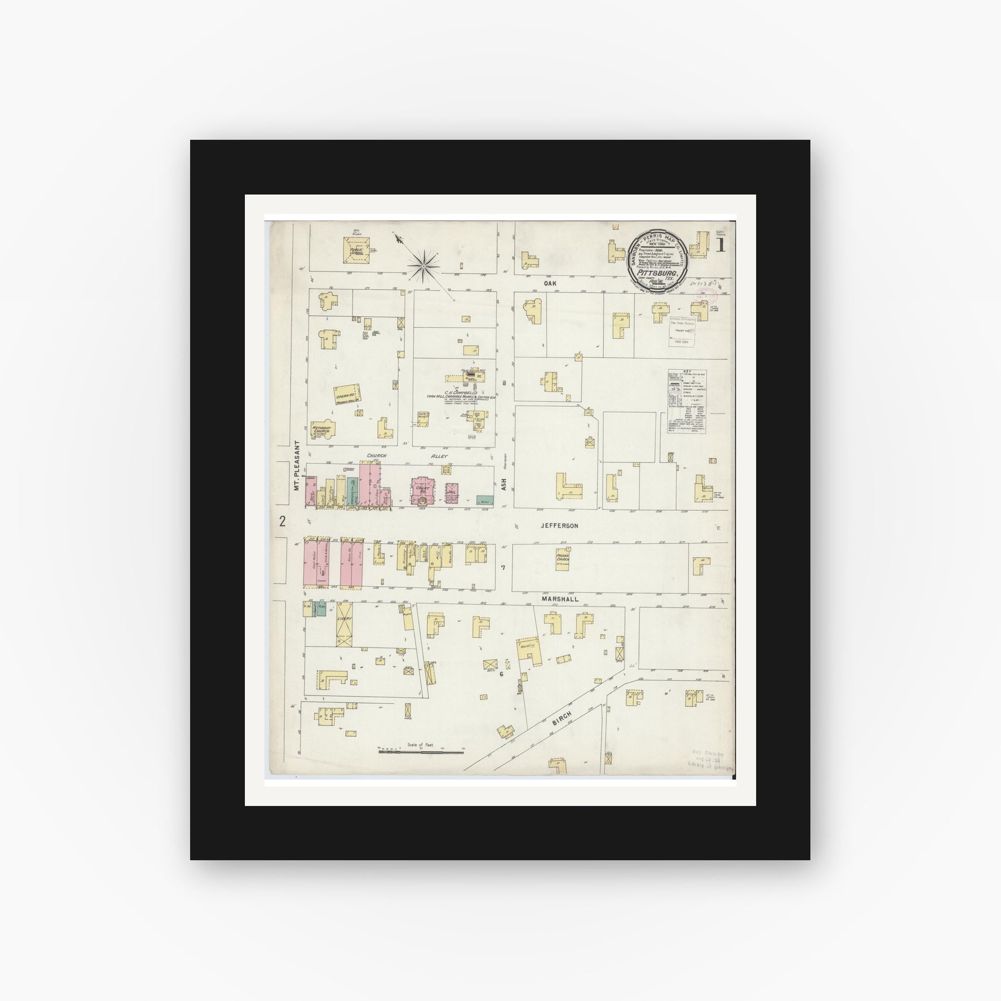 Old map wall art mockup — black gallery frame with white mat — Sanborn Fire Insurance Map from Pittsburg, Camp County, Texas (1896) - Complete Map Set
