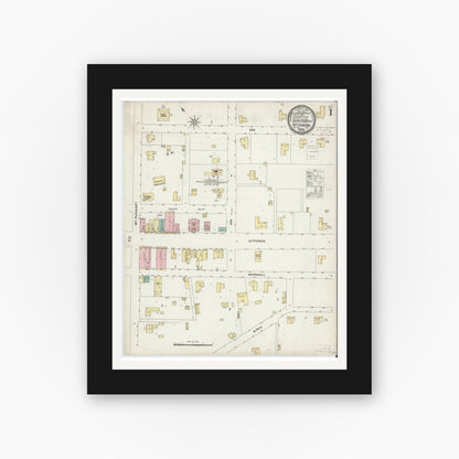 Old map wall art mockup — black gallery frame with white mat — Sanborn Fire Insurance Map from Pittsburg, Camp County, Texas (1896) - Complete Map Set
