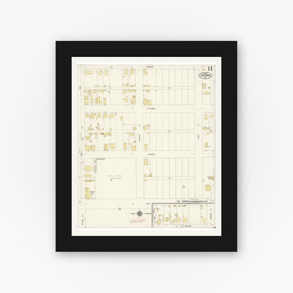 Old map wall art mockup — black gallery frame with white mat — Sanborn Fire Insurance Map from Fort Bragg, Mendocino County, California (1919), Sheet #0011