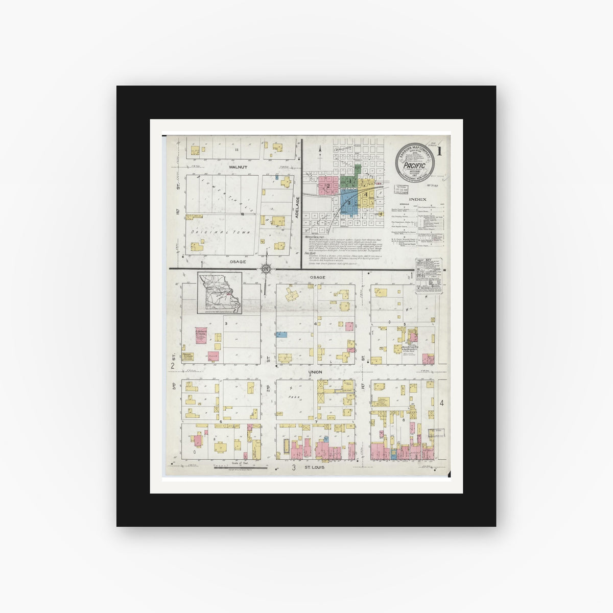 Old map wall art mockup — black gallery frame with white mat — Sanborn Fire Insurance Map from Pacific, Franklin County, Missouri (1917), Sheet #0001