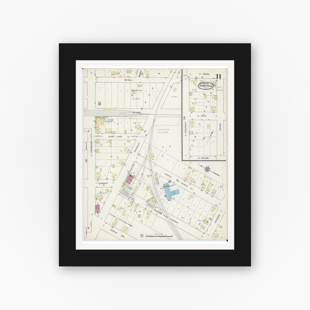 Old map wall art mockup — black gallery frame with white mat — Sanborn Fire Insurance Map from Jerseyville, Jersey County, Illinois (1914), Sheet #0011