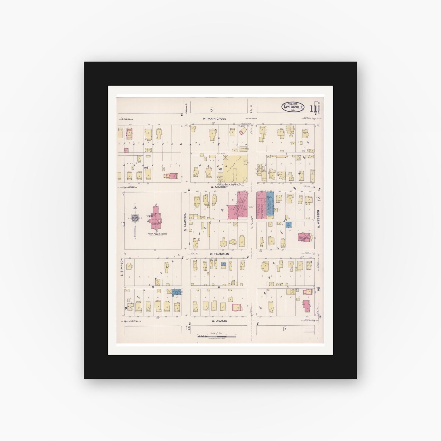 Old map wall art mockup — black gallery frame with white mat — Sanborn Fire Insurance Map from Taylorville, Christian County, Illinois (1922), Sheet #0011