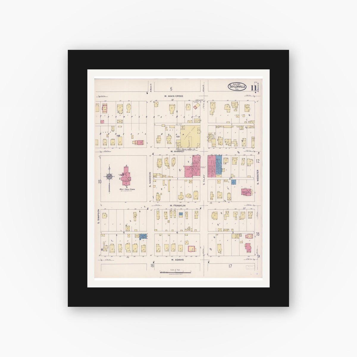 Old map wall art mockup — black gallery frame with white mat — Sanborn Fire Insurance Map from Taylorville, Christian County, Illinois (1922), Sheet #0011