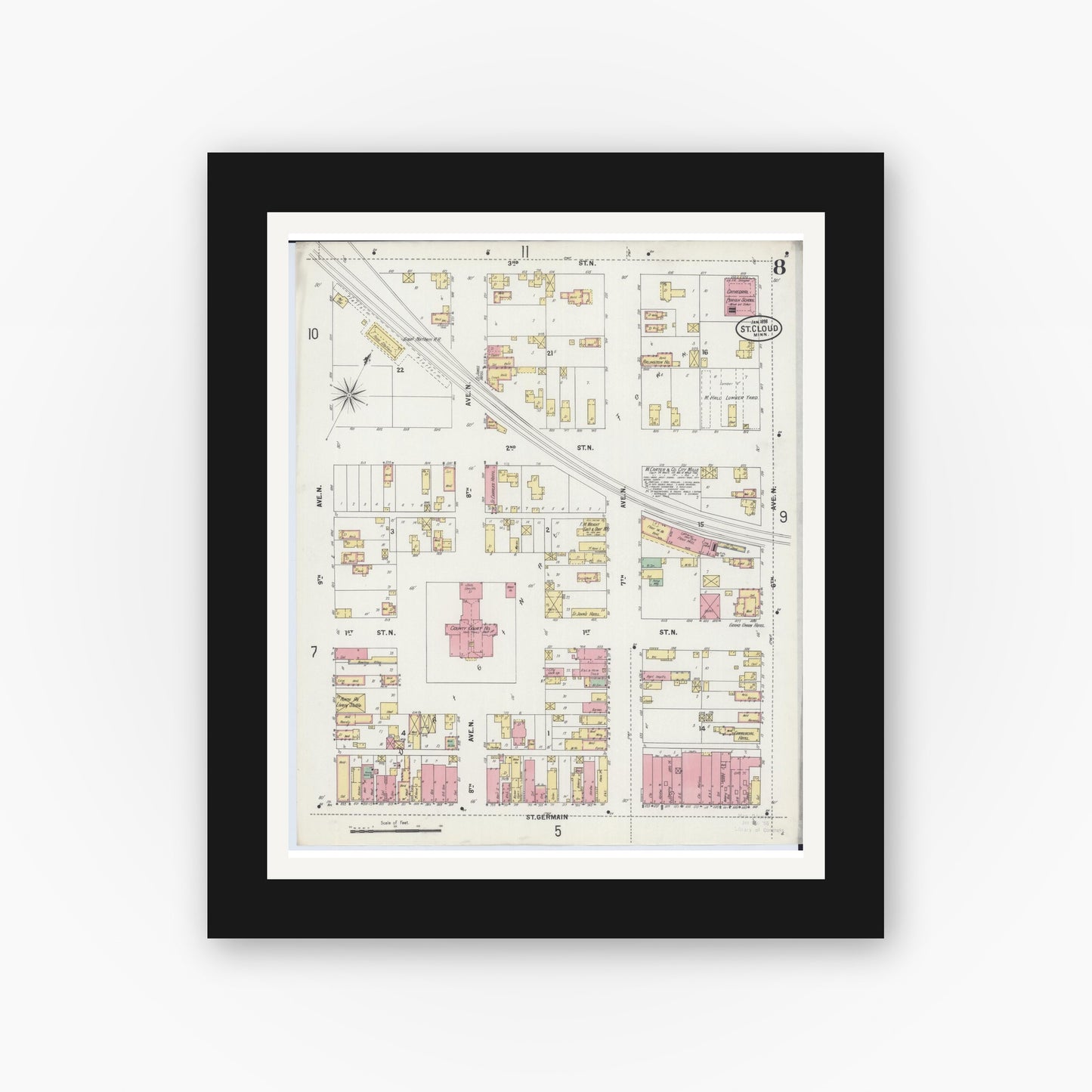 Old map wall art mockup — black gallery frame with white mat — Sanborn Fire Insurance Map from Saint Cloud, Stearns, Benton, and Sherburne Counties, Minnesota (1898), Sheet #0008