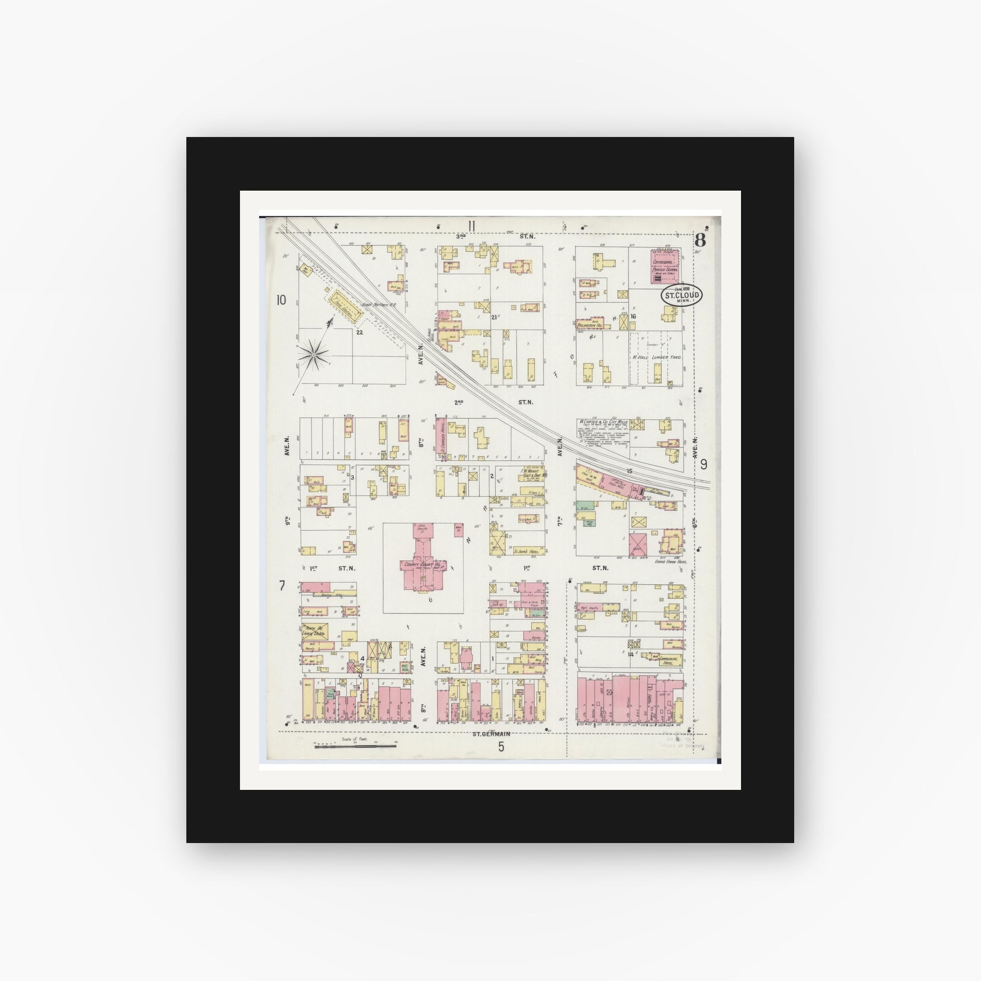 Old map wall art mockup — black gallery frame with white mat — Sanborn Fire Insurance Map from Saint Cloud, Stearns, Benton, and Sherburne Counties, Minnesota (1898), Sheet #0008