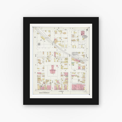 Old map wall art mockup — black gallery frame with white mat — Sanborn Fire Insurance Map from Saint Cloud, Stearns, Benton, and Sherburne Counties, Minnesota (1898), Sheet #0008