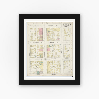 Old map wall art mockup — black gallery frame with white mat — Sanborn Fire Insurance Map from Escanaba, Delta County, Michigan (1888), Sheet #0003