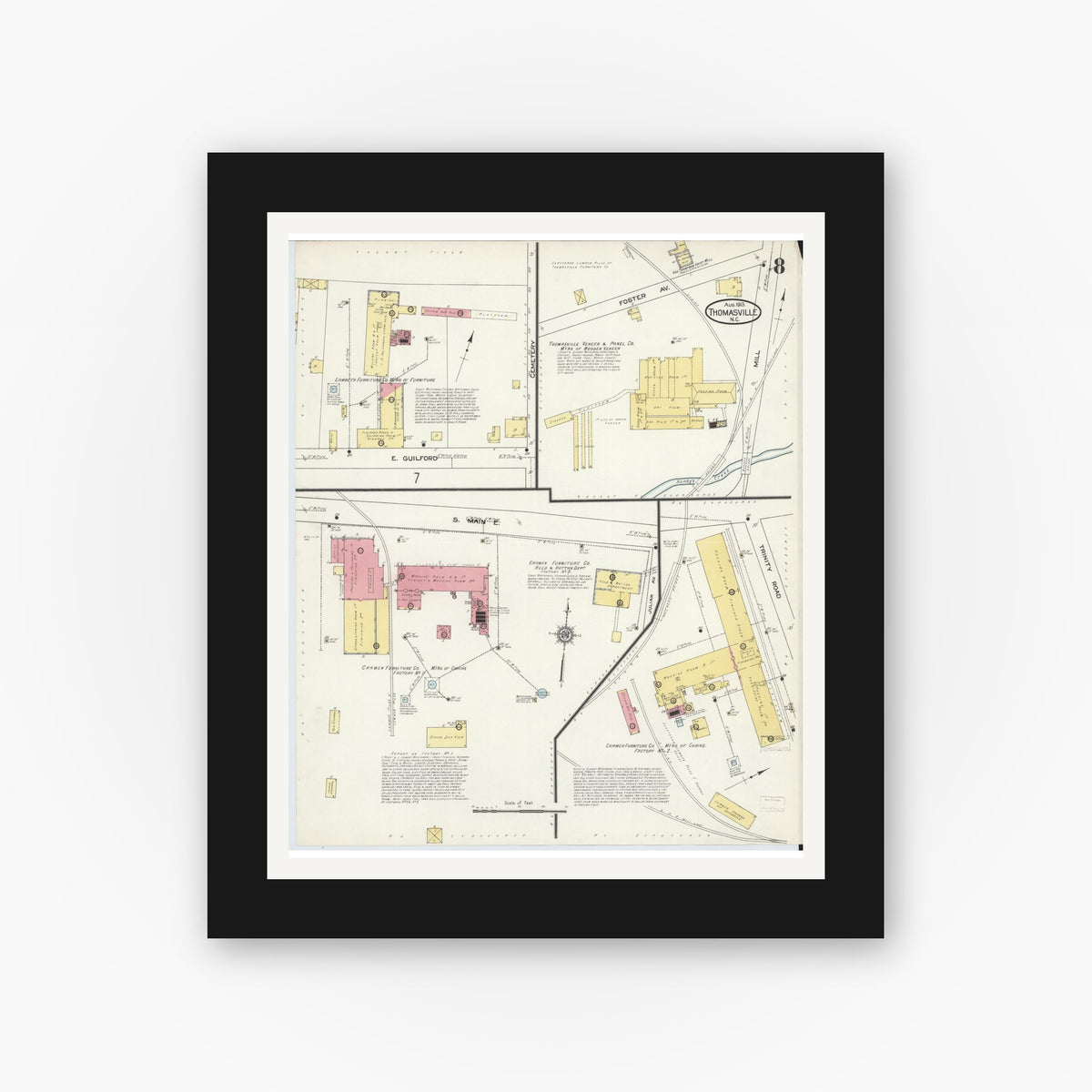 Old map wall art mockup — black gallery frame with white mat — Sanborn Fire Insurance Map from Thomasville, Davidson County, North Carolina (1913), Sheet #0008