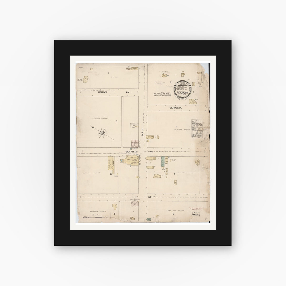Old map wall art mockup — black gallery frame with white mat — Sanborn Fire Insurance Map from Alhambra, Los Angeles County, California (1888), Sheet #0001