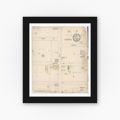 Old map wall art mockup — black gallery frame with white mat — Sanborn Fire Insurance Map from Alhambra, Los Angeles County, California (1888), Sheet #0001