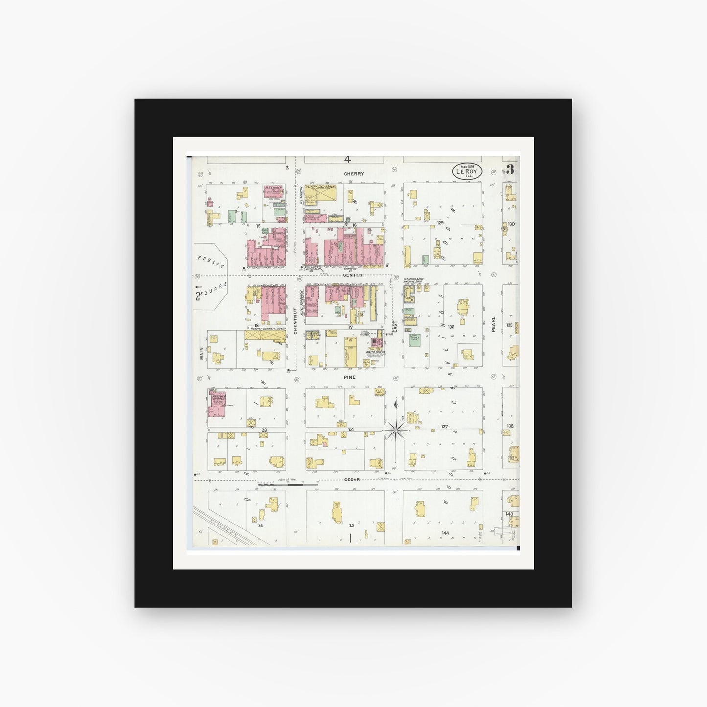 Old map wall art mockup — black gallery frame with white mat — Sanborn Fire Insurance Map from Leroy, McLean County, Illinois (1899), Sheet #0003