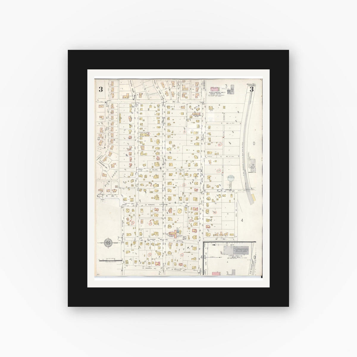 Old map wall art mockup — black gallery frame with white mat — Sanborn Fire Insurance Map from Plano, Collin County, Texas (1961), Sheet #0003