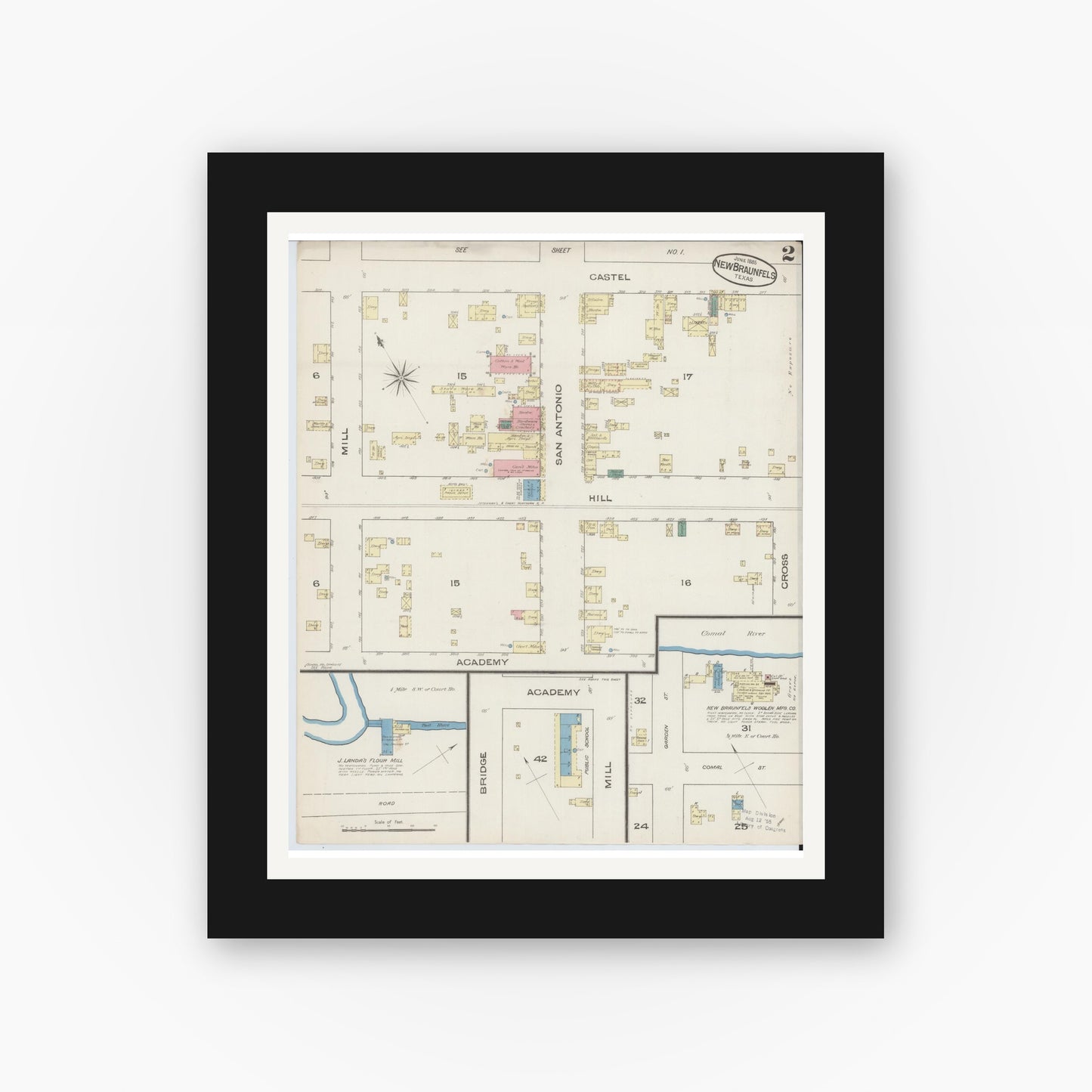 Old map wall art mockup — black gallery frame with white mat — Sanborn Fire Insurance Map from New Braunfels, Comal County, Texas (1885), Sheet #0002