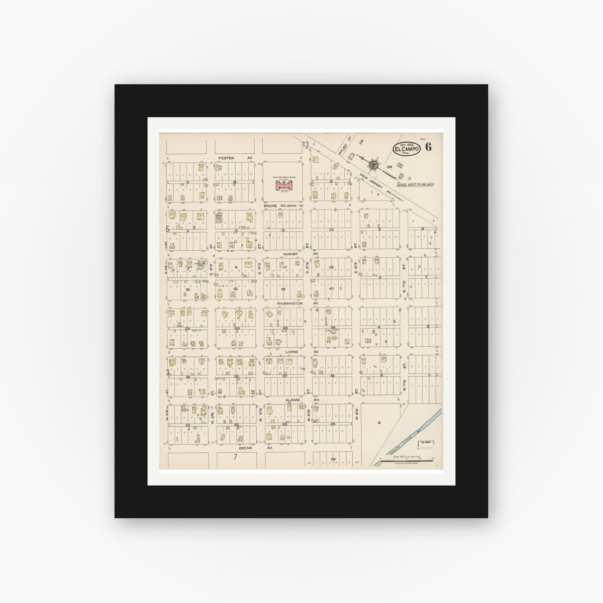 Old map wall art mockup — black gallery frame with white mat — Sanborn Fire Insurance Map from El Campo, Wharton County, Texas (1922), Sheet #0006
