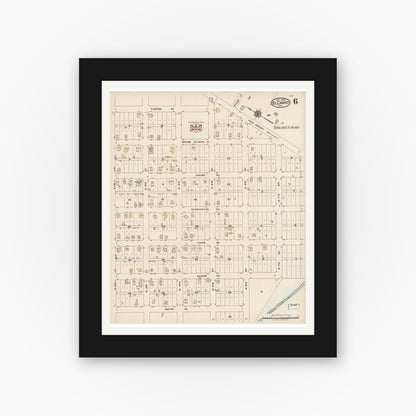 Old map wall art mockup — black gallery frame with white mat — Sanborn Fire Insurance Map from El Campo, Wharton County, Texas (1922), Sheet #0006