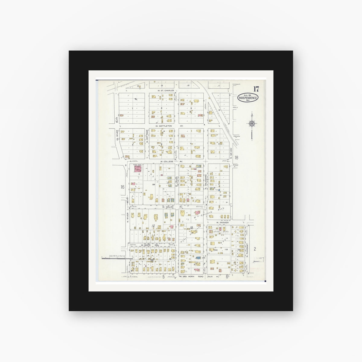 Old map wall art mockup — black gallery frame with white mat — Sanborn Fire Insurance Map from Independence, Jackson County, Missouri (1916), Sheet #0017