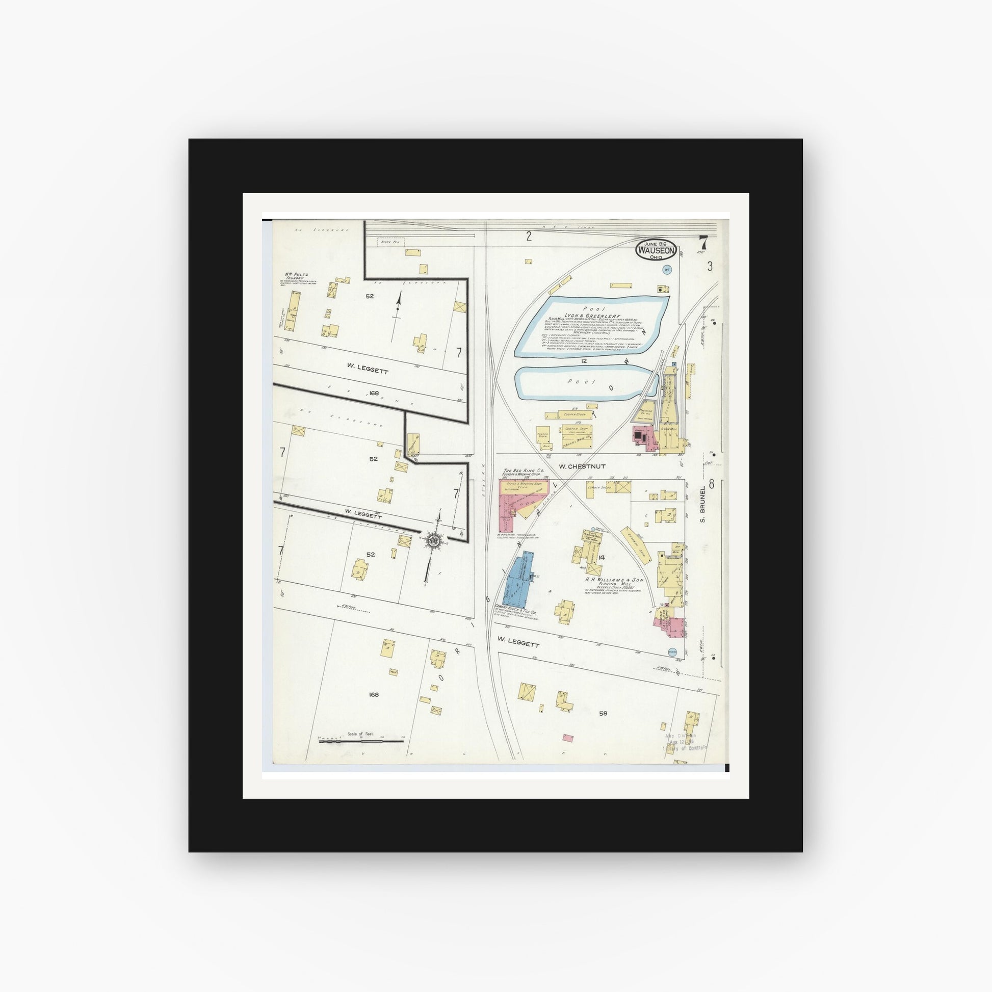 Old map wall art mockup — black gallery frame with white mat — Sanborn Fire Insurance Map from Wauseon, Fulton County, Ohio (1916), Sheet #0007
