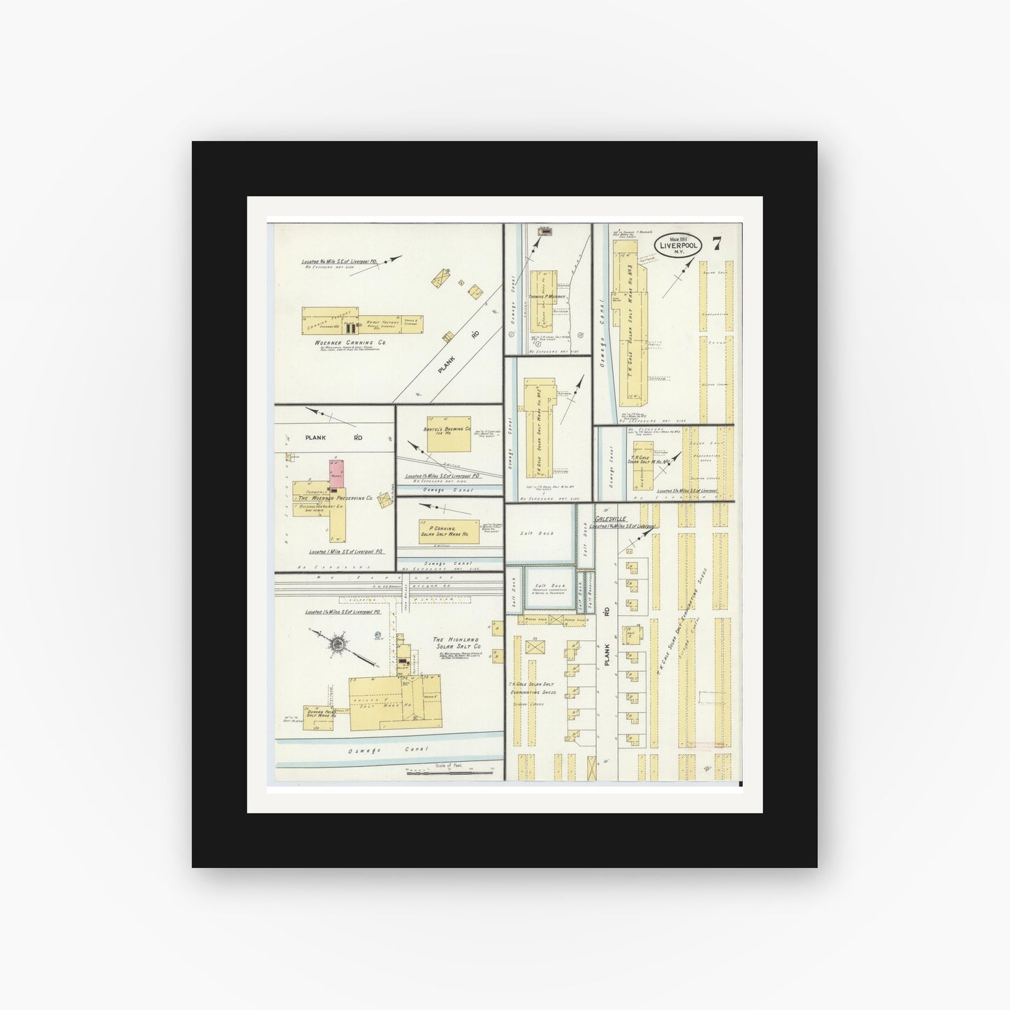 Old map wall art mockup — black gallery frame with white mat — Sanborn Fire Insurance Map from Liverpool, Onondaga County, New York (1911), Sheet #0007