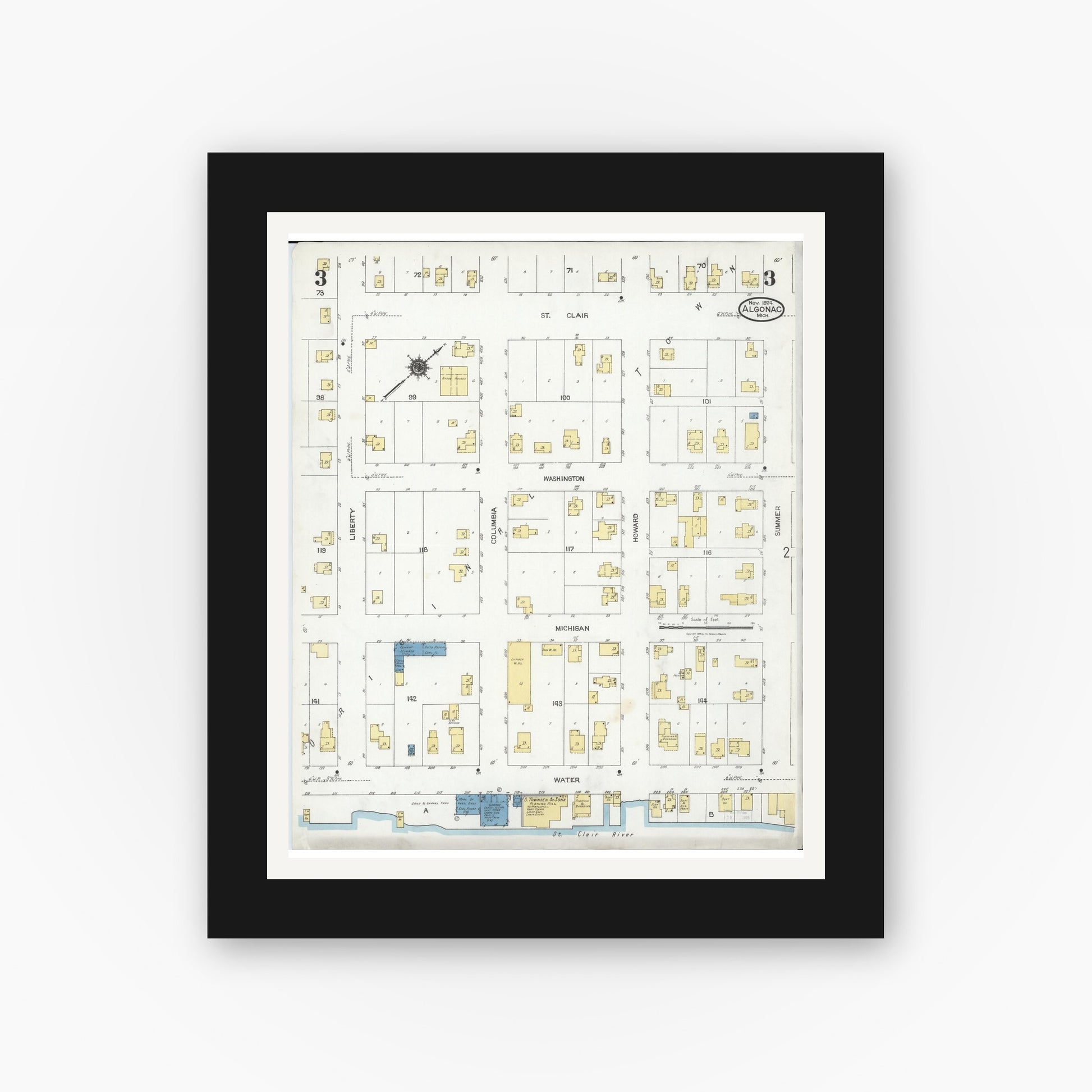 Old map wall art mockup — black gallery frame with white mat — Sanborn Fire Insurance Map from Algonac, Saint Clair County, Michigan (1924), Sheet #0003