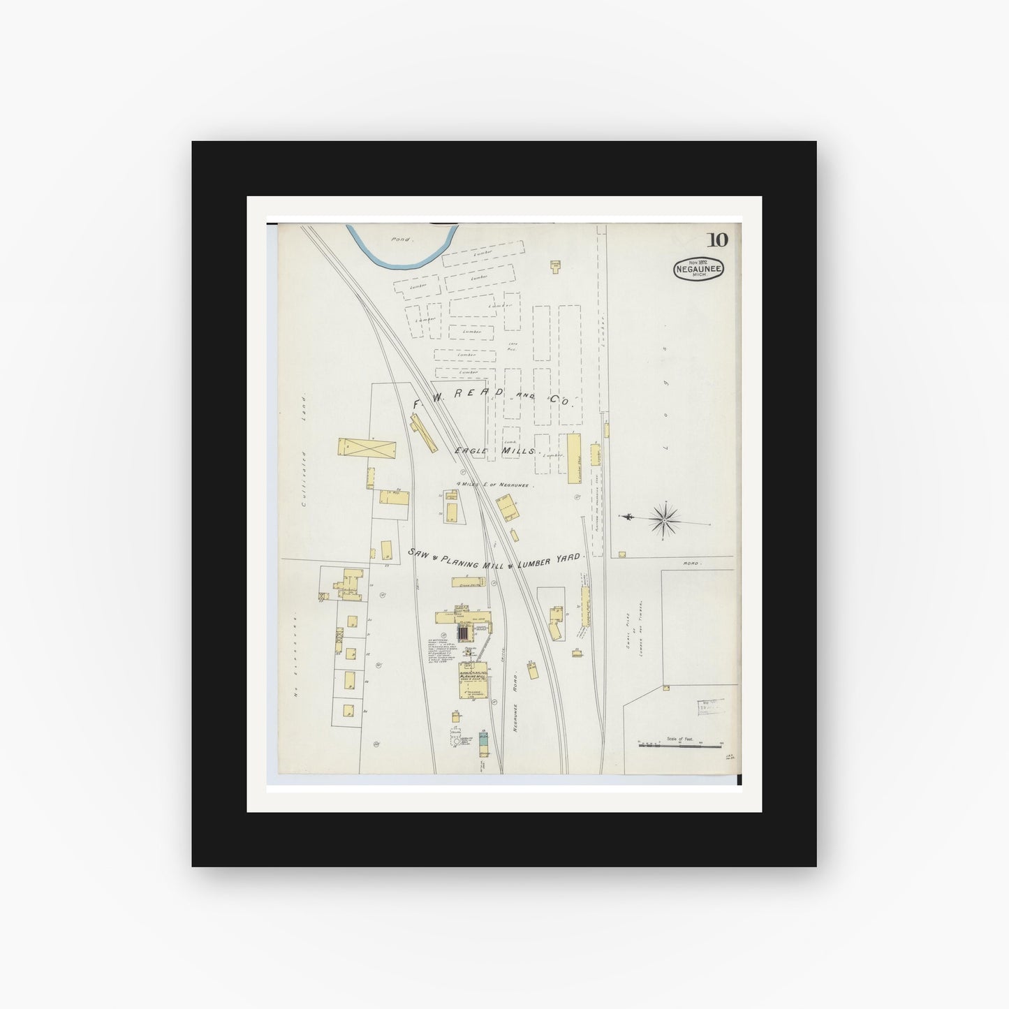 Old map wall art mockup — black gallery frame with white mat — Sanborn Fire Insurance Map from Negaunee, Marquette County, Michigan (1892), Sheet #0010