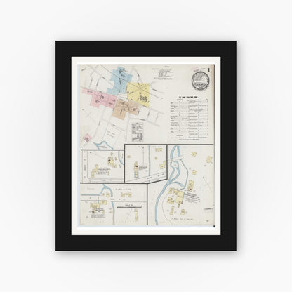 Old map wall art mockup — black gallery frame with white mat — Sanborn Fire Insurance Map from Foxboro, Norfolk County, Massachusetts (1889), Sheet #0001