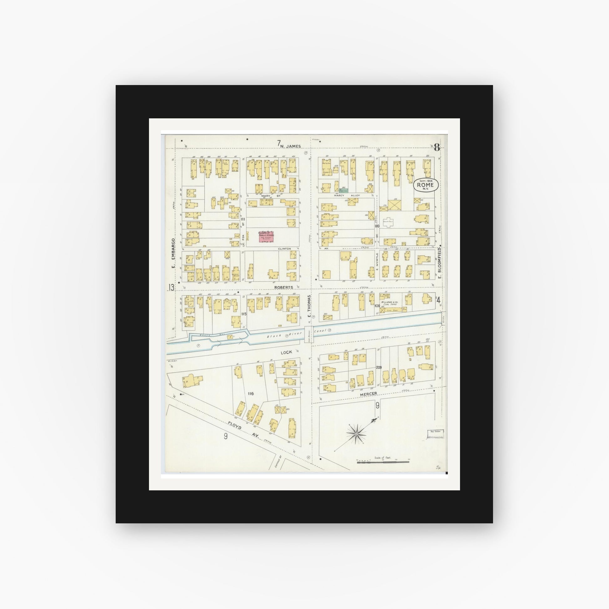 Old map wall art mockup — black gallery frame with white mat — Sanborn Fire Insurance Map from Rome, Oneida County, New York (1904), Sheet #0008