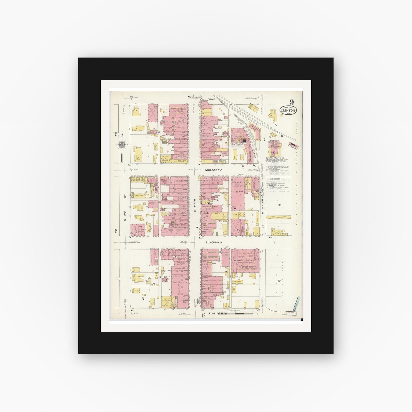 Old map wall art mockup — black gallery frame with white mat — Sanborn Fire Insurance Map from Clinton, Vermillion County, Indiana (1915), Sheet #0009
