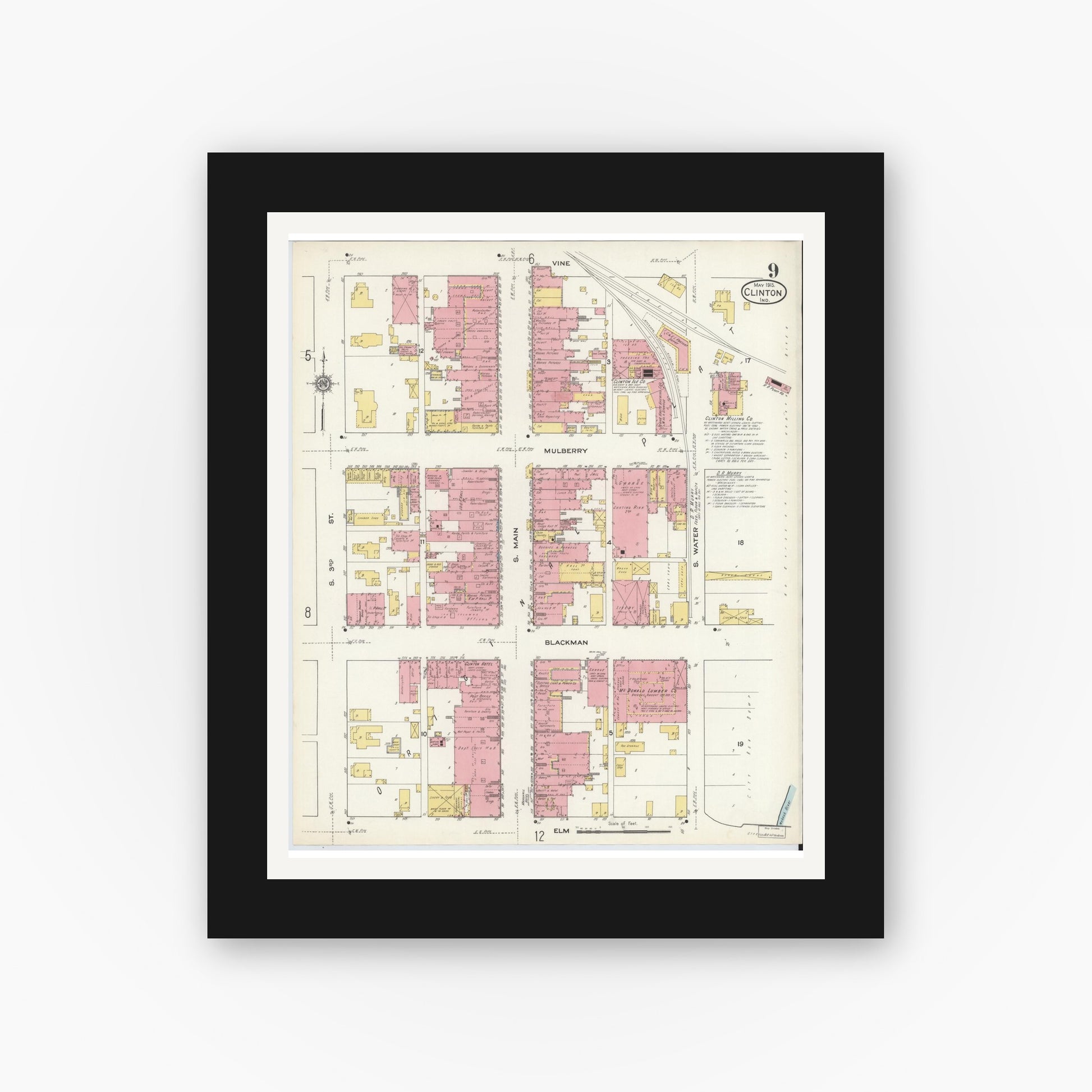 Old map wall art mockup — black gallery frame with white mat — Sanborn Fire Insurance Map from Clinton, Vermillion County, Indiana (1915), Sheet #0009