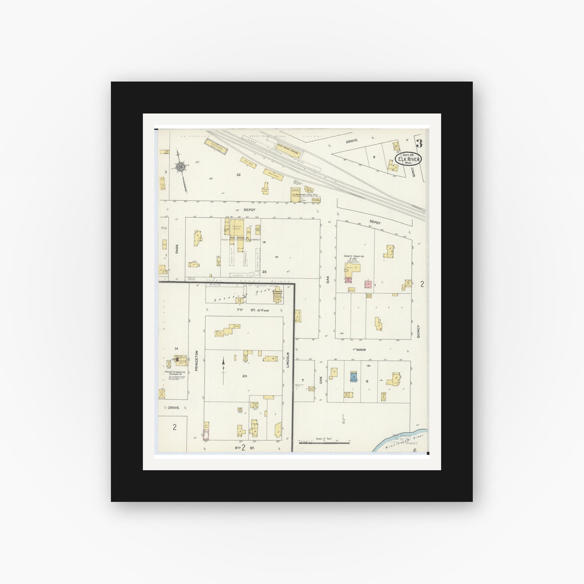 Old map wall art mockup — black gallery frame with white mat — Sanborn Fire Insurance Map from Elk River, Sherburne County, Minnesota (1911), Sheet #0003
