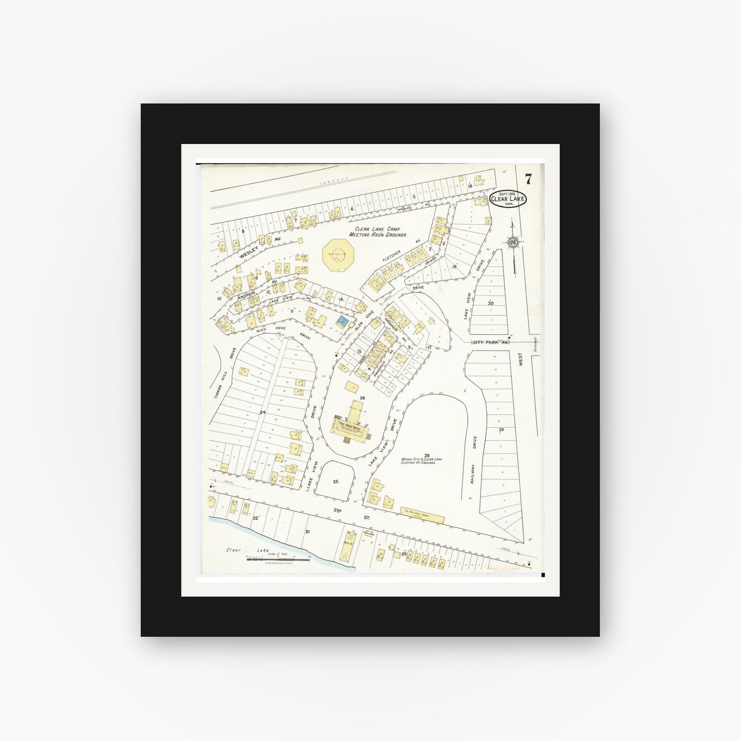 Old map wall art mockup — black gallery frame with white mat — Sanborn Fire Insurance Map from Clear Lake, Cerro Gordo County, Iowa (1916), Sheet #0007