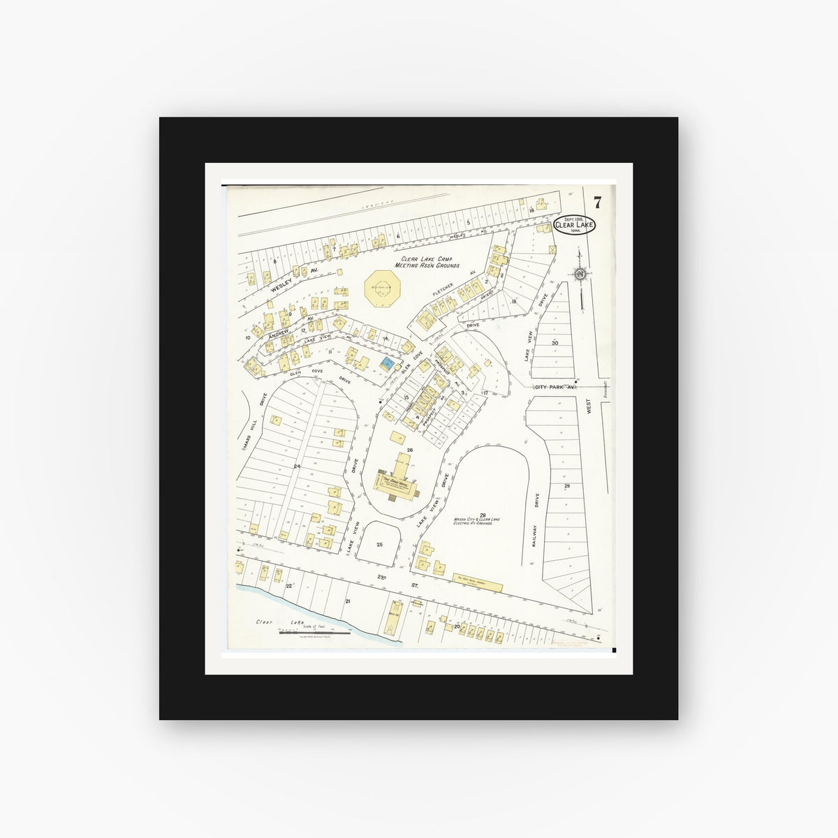 Old map wall art mockup — black gallery frame with white mat — Sanborn Fire Insurance Map from Clear Lake, Cerro Gordo County, Iowa (1916), Sheet #0007
