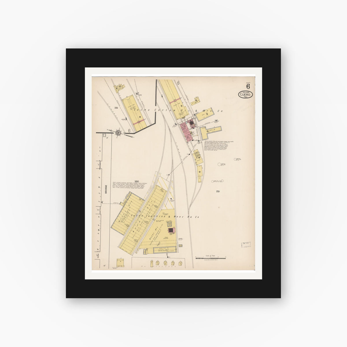Old map wall art mockup — black gallery frame with white mat — Sanborn Fire Insurance Map from Cuero, De Witt County, Texas (1922), Sheet #0006