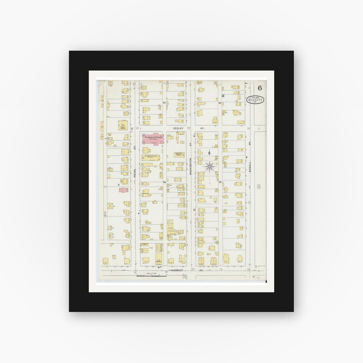 Old map wall art mockup — black gallery frame with white mat — Sanborn Fire Insurance Map from Oil City, Venango County, Pennsylvania (1895), Sheet #0006