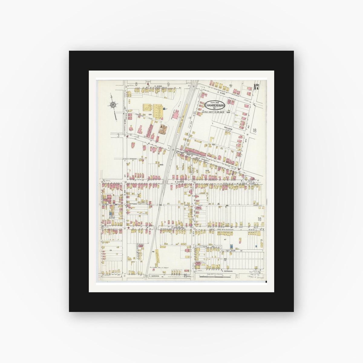 Old map wall art mockup — black gallery frame with white mat — Sanborn Fire Insurance Map from Chambersburg, Franklin County, Pennsylvania (1916), Sheet #0017