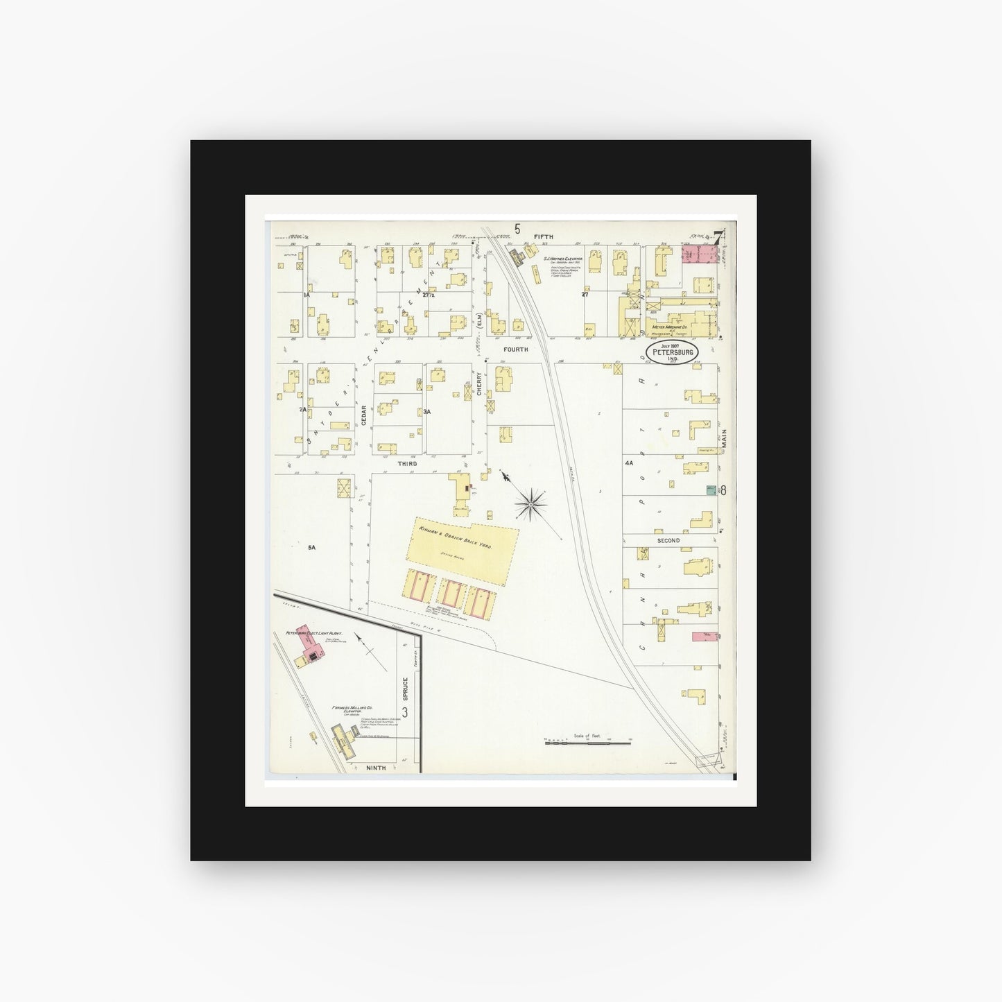 Old map wall art mockup — black gallery frame with white mat — Sanborn Fire Insurance Map from Petersburg, Pike County, Indiana (1907), Sheet #0007