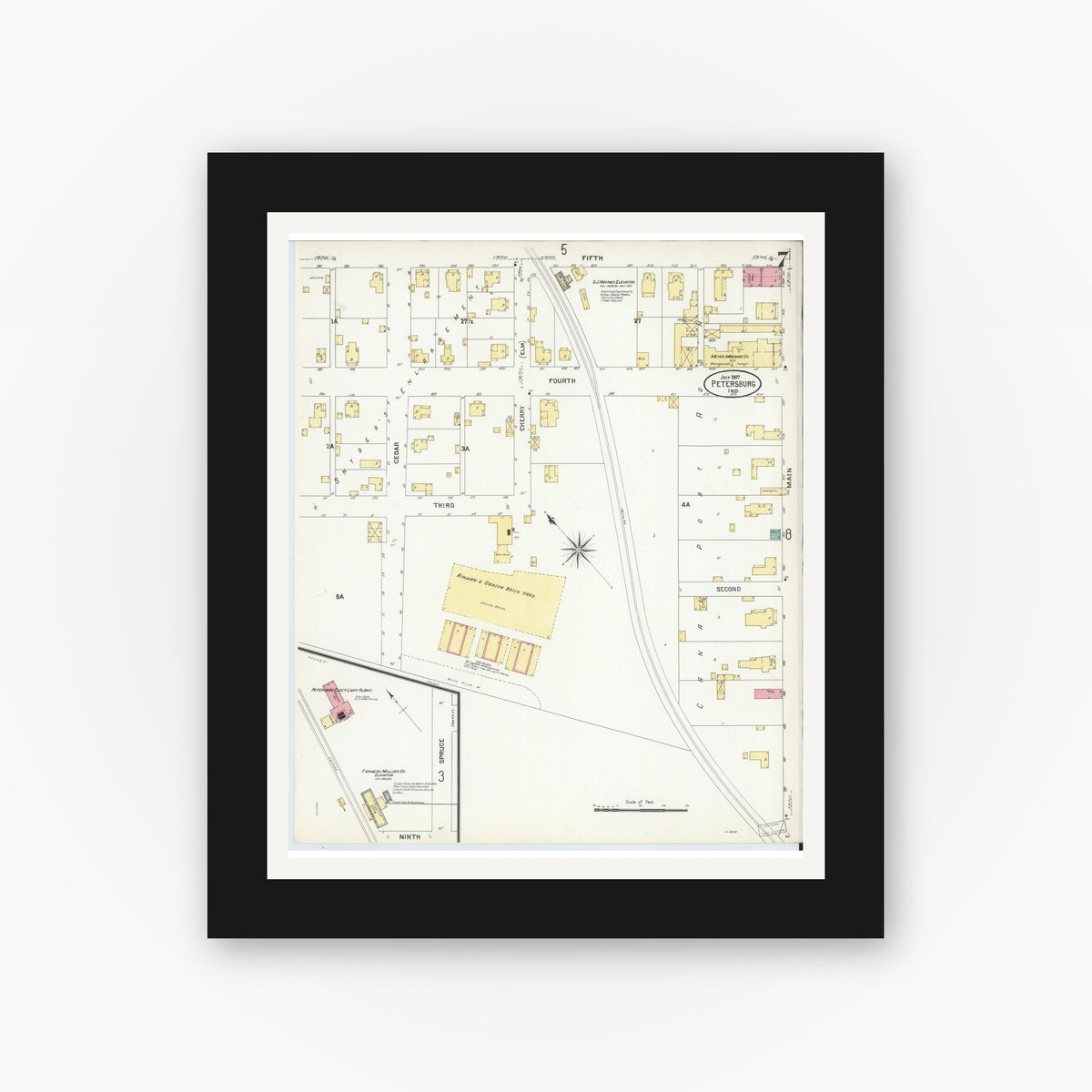 Old map wall art mockup — black gallery frame with white mat — Sanborn Fire Insurance Map from Petersburg, Pike County, Indiana (1907), Sheet #0007
