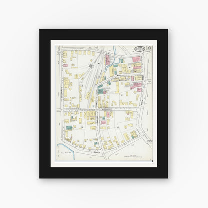 Old map wall art mockup — black gallery frame with white mat — Sanborn Fire Insurance Map from Spencer, Worcester County, Massachusetts (1892), Sheet #0006