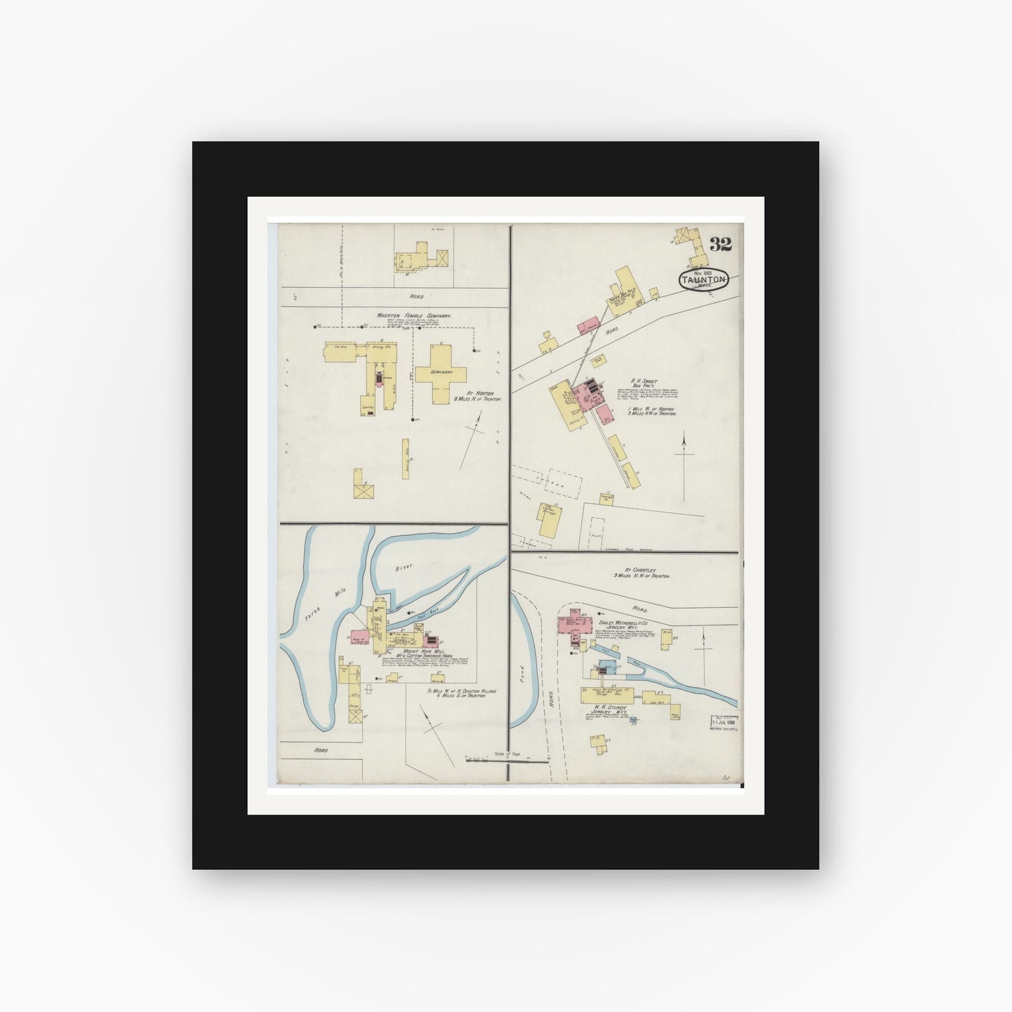 Old map wall art mockup — black gallery frame with white mat — Sanborn Fire Insurance Map from Taunton, Bristol County, Massachusetts (1893), Sheet #0032